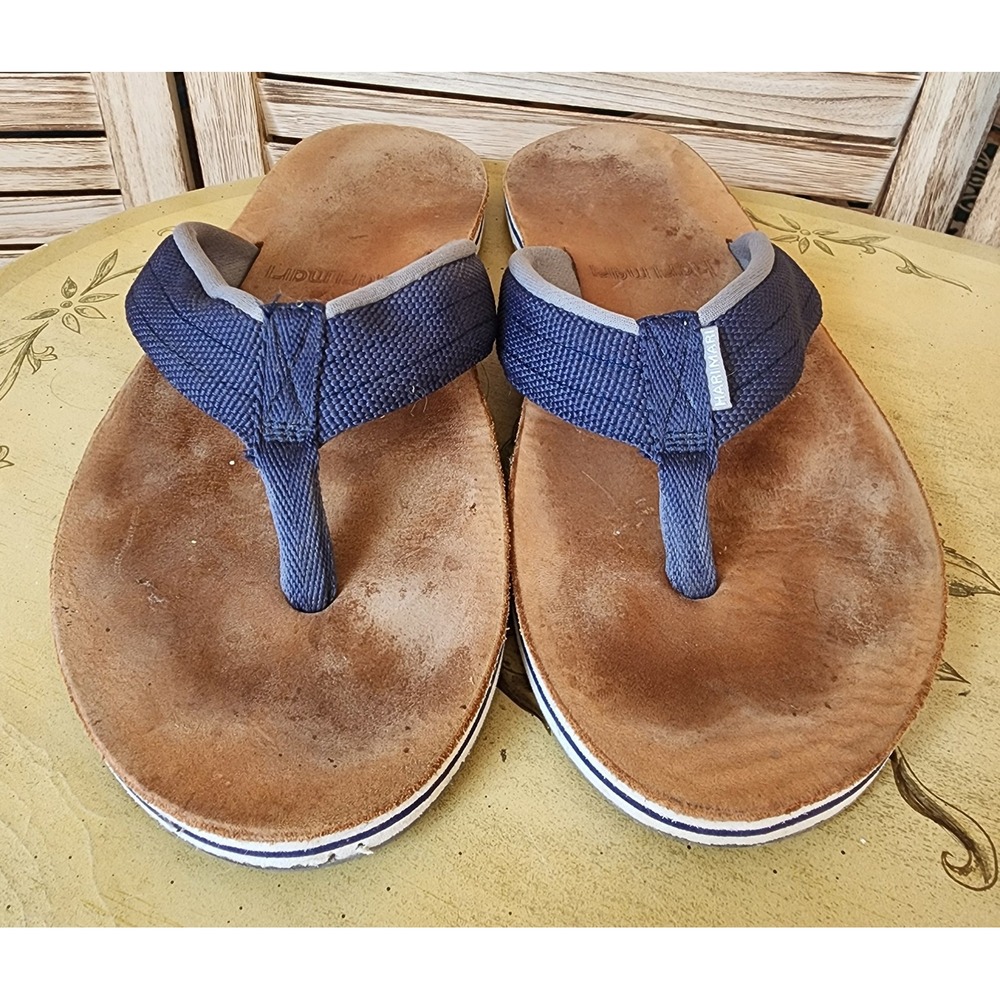 Hari Mari Sz 12 Brown Leather Blue Textile Flip Flop Sandals Casual Resort Vacay